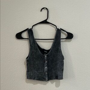 Women's Black Ribbed Button-Up Crop Top
